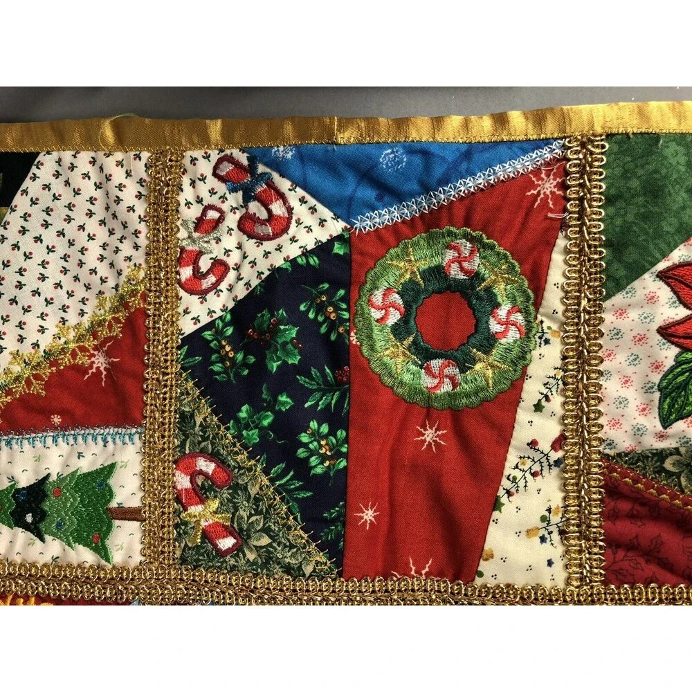 Christmas Table Runner Snowman Handmade Embroidered Double Sided Multi Color